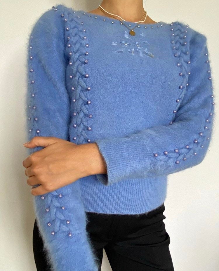 Embroidered Blue Fluffy Jumper With Pearls Etsy