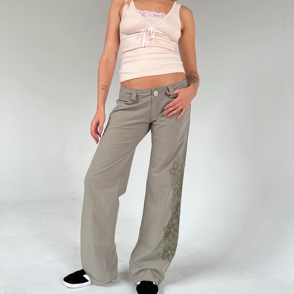 Unreal 2000s khaki  Y2K low rise cargo pants with floral embroidery & sequin