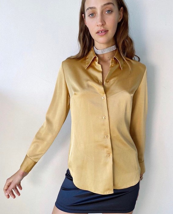 Gold satin button up shirt