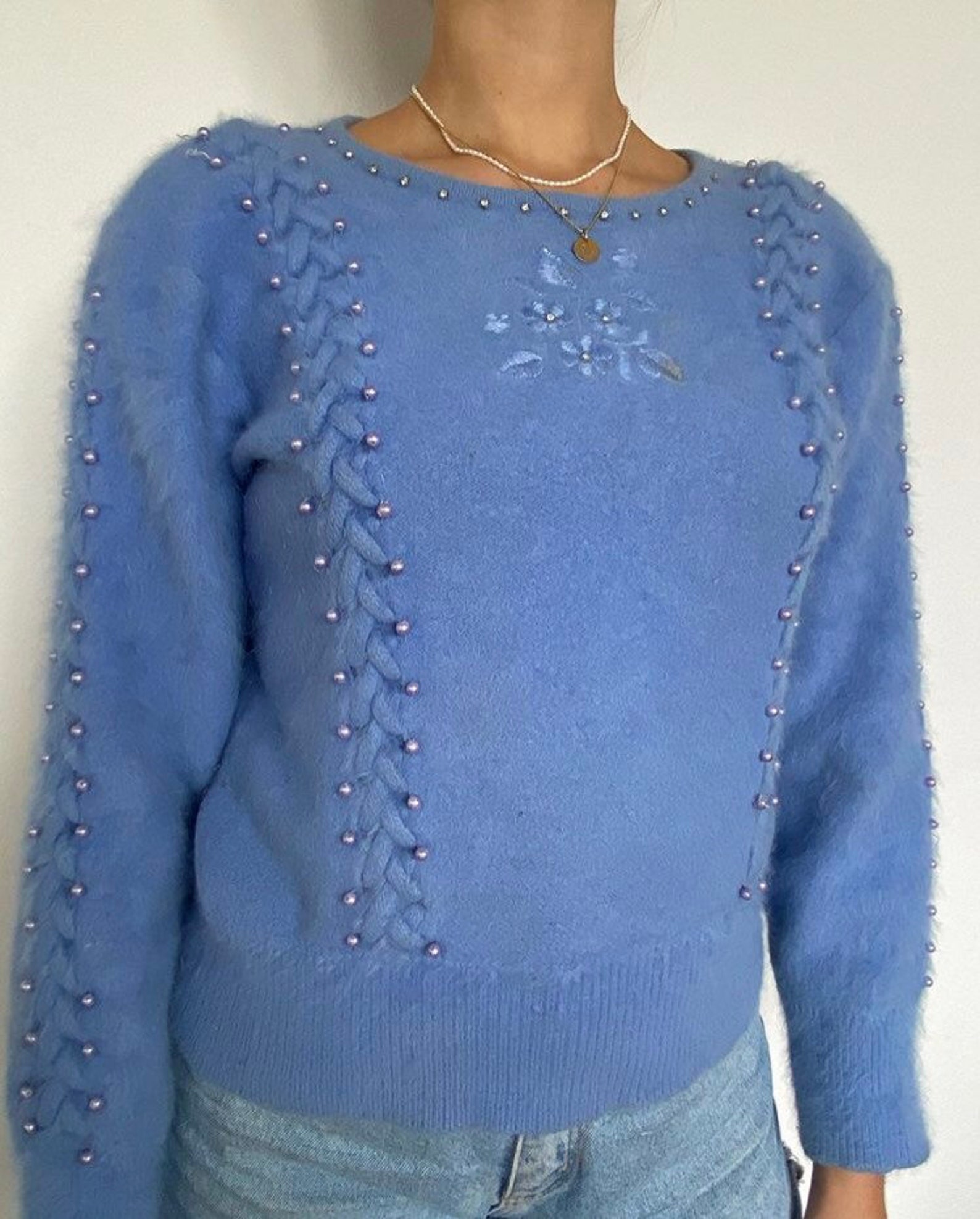Embroidered Blue Fluffy Jumper With Pearls Etsy