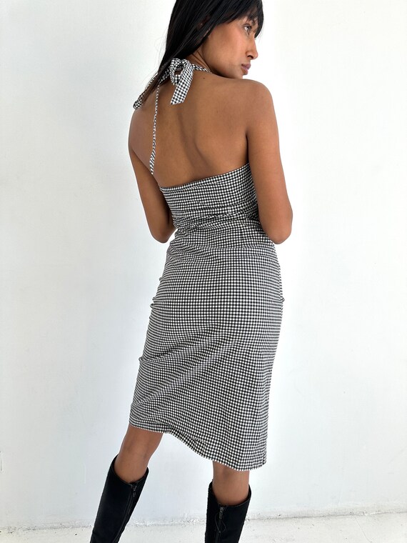 Y2K Black and White halter 90s Stretchy gingham midi dress