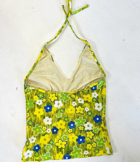 Iconic 90s Does 60s Lime Flower Power Tankini Halter Top With Built in Bra  