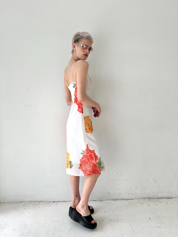 2000's Y2K Floral Roses White maxi dress, cowl neck fully lined, semi sheer chiffon 2000's Y2K Floral Roses White maxi dress, cowl neck fully lined, semi sheer chiffon