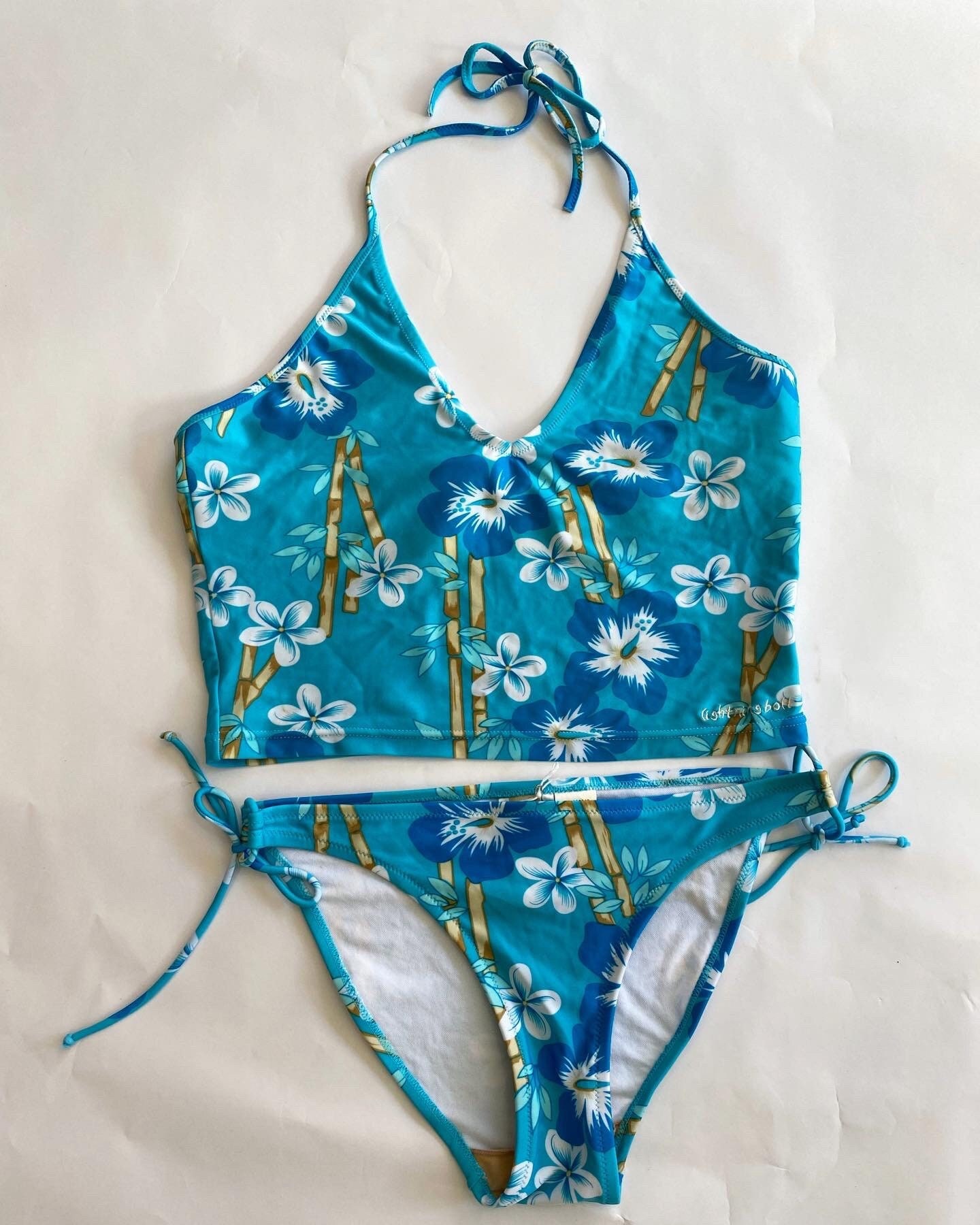 Y2K blue tankini set 2000s tropical hibiscus flowers 90s swimsuit