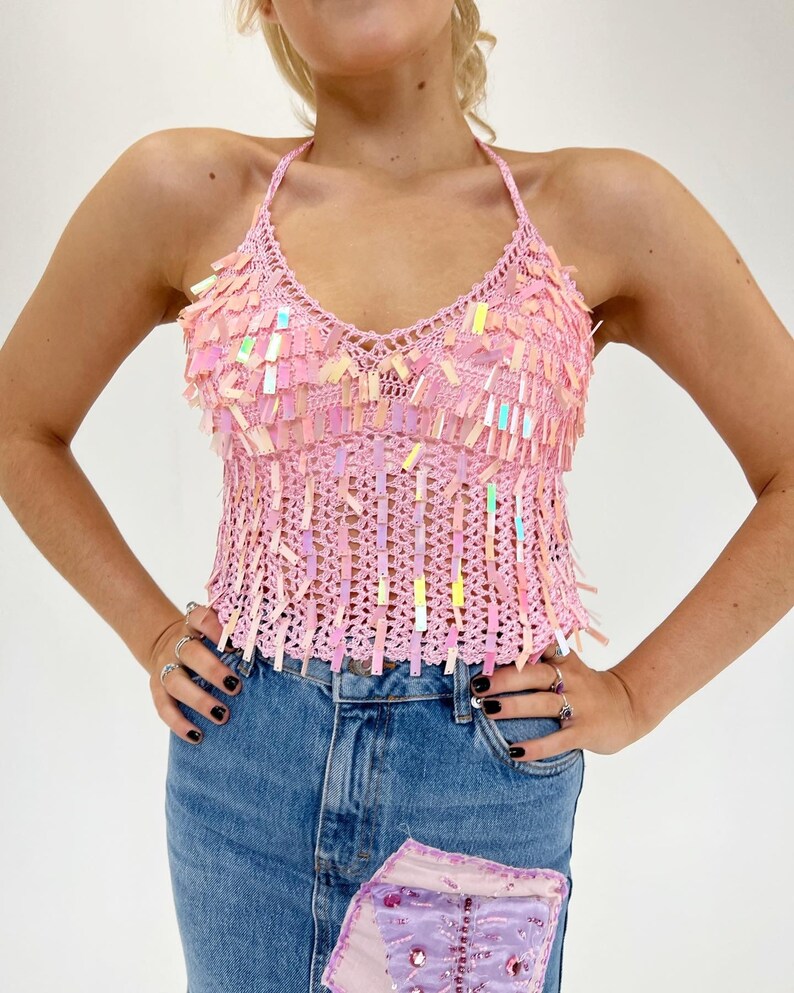 Stunning Y2K Crochet Pink Sequin Halter Top Etsy Hong Kong