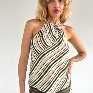 90s High neck adjustable halter style top! With Diagonal stripe top