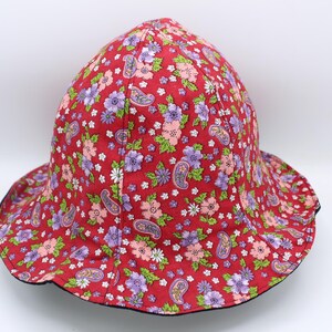S/M Cotton Reversible Bucket Hat, Bucket Hat, Adult Bucket Hat, Adult Summer Hat, Brim Hat, Fisherman Hat, Sun Hat, Paisley, Floral, Red