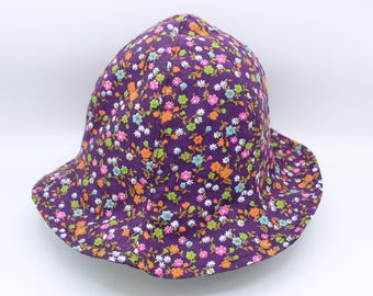 S / M Baumwollwendehut, Eimerhut, Eimerhut für Erwachsene, Sommerhut für Erwachsene, Krempenhut, Fischerhut, Sonnenhut, Floral, Lila, Vintage