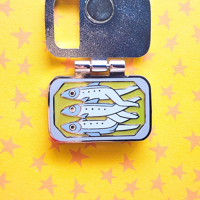 Puede incluir: Una llave plateada con un pin rectangular de esmalte que representa tres peces azul claro estilizados sobre un fondo verde. El pin tiene un borde plateado, sobre un fondo amarillo con estrellas naranjas.