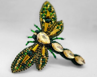 Beaded Dragonfly Brooch, Green Insect Pin, Bead Embroidery Jewelry, Nature Lover Gift