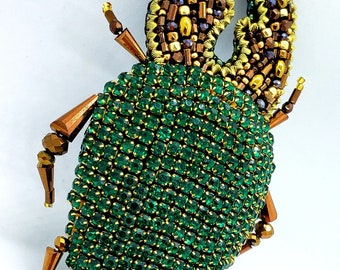 Crystal Beetle Brooch, Beaded Bug Pin, Emerald Insect Statement Jewelry, Entomology Art