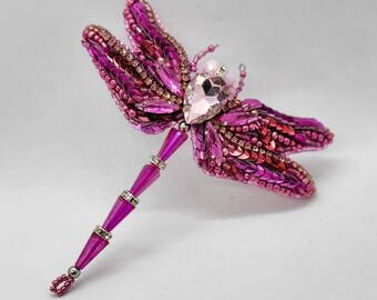 Pink Beaded Dragonfly Brooch, Rhinestone Crystal Insect Pin, Nature Jewelry