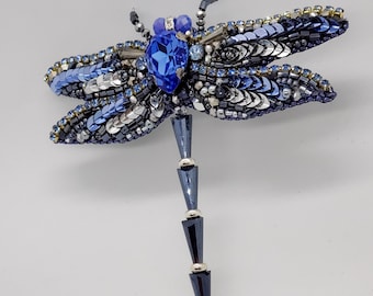 Beaded Dragonfly Brooch, Blue Green Insect Jewelry, Embroidered Nature Pin, Statement Piece