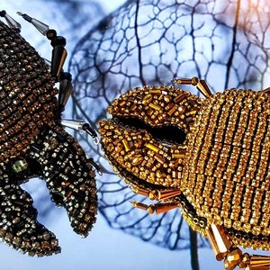 Beaded Beetle Brooch: Rhinestone Crystal Insect Jewelry