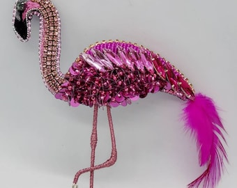 Rhinestone Flamingo Brooch, Beaded Tropical Bird Pin, Summer Beach Accessory