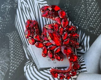 Red Crystal Glass Scorpio Brooch, Miyuki Beaded Scorpion Pin, Zodiac Astrology Jewelry