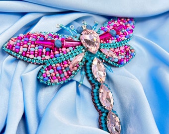 Handmade Beaded Dragonfly Brooch, Embroidered Insect Pin, Rhinestone Crystal Nature Jewelry