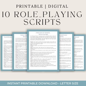 May include: A digital printable featuring 10 role-playing scripts. The scripts cover various scenarios, including the first day of school, family dinners, and birthday mishaps. The text includes "Printable | Digital" and "Instant Printable Download - Letter Size".