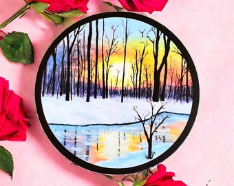 Winter Sunset Vinyl Waterproof Sticker, waterproof, UV resistant, decal, scrapbooking, Nature, River Paintinng