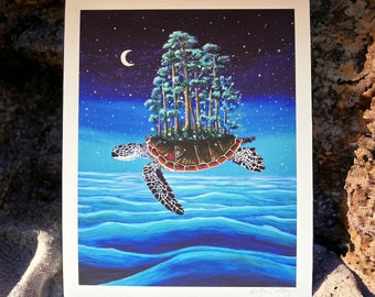 Sea Turtle Island, Giclee Print, Signed,  8x10, gift for her, gift for him, ocean lover, home decor, fantasy art