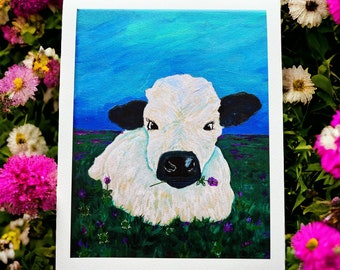 Fluffy Cow 8x10 Art Print, animal lover, gift, home decor, farm life, spring, flowers