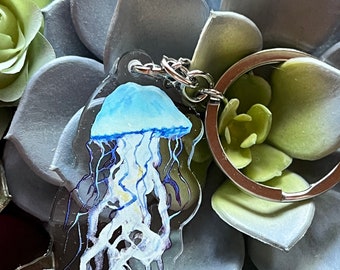 Blue Jellyfish Clear Acrylic Keychain, gift for her, car accessories, ocean lovers, sea creature, purse accessories, backpack decor, animal