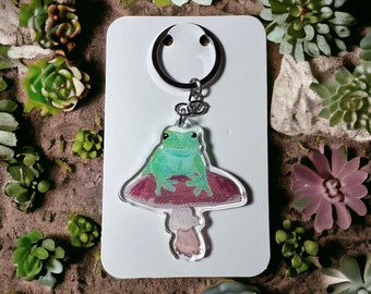 Frog Mushroom Clear Acrylic Keychain, gift for her, animal lovers, purse accessories, backpack decor, birthday gift, sweet 16, cottage core