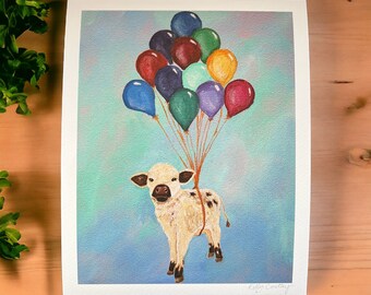 Floating Cow with Balloons, Giclee Print, Signed,  8x10, Home Decor, Gift for her, Gift, Nursery Decor, kids room decor