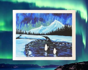 Orcas, Giclee Print, Signed,  8x10, Home Decor, Gift for her, Gift for Him, Christmas Gift, Northern Lights, Alaska Art