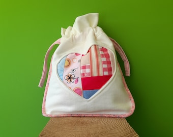 Bag Heart Drawstring Storage Handmade Patchwork Recycled Fabric