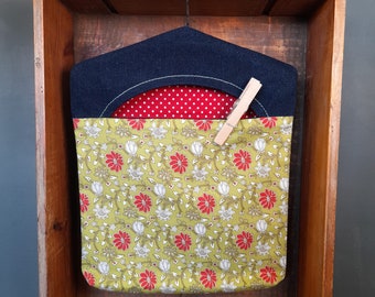 Peg Bag Denim Fabric with Butterflies or floral patterns Handy Metal Hook Attachment Handmade Sewn Charity