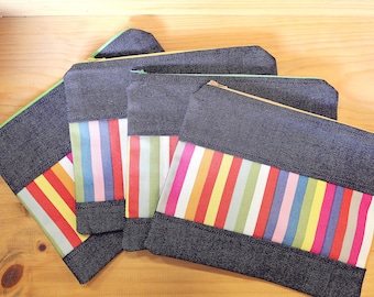 Pencil Case Zipper Pouch Make-up Bag Storage Bag Clutch Bag Back to School Denim Coloured Stripes Handmade Charity