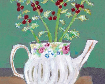 Holly in Sadler Teapot, Holly in jug art,  Christmas art, Christmas print.