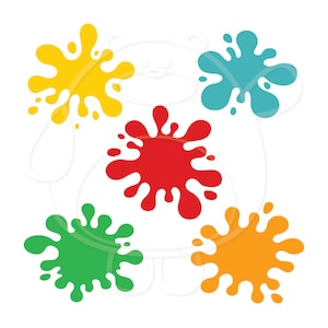 May include: Five colourful paint splatters in yellow, blue, red, green, and orange. The splatters are arranged around a white outline of a bear.
