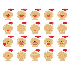 May include: Set of 20 gingerbread man emojis with different facial expressions. Each gingerbread man is wearing a red Santa hat. The emojis include happy, sad, surprised, angry, and more.