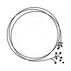 May include: A black and white circular frame with a double border and a simple floral design on the right side.