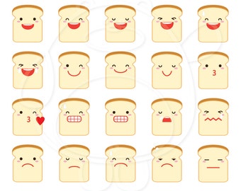 May include: A set of 20 cartoon bread slices with different facial expressions, including happy, sad, surprised, and angry. Each slice is yellow with a brown outline and has a simple cartoon face.