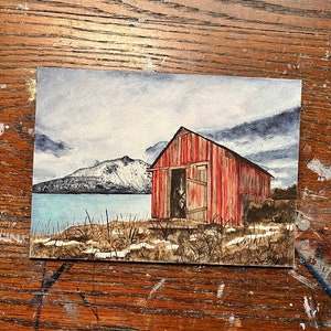 Original Watercolor Painting, Barn Mountain Landscape, Small Handmade Gift, Wall Decor