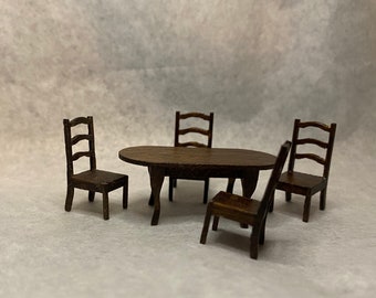 1/4” Scale Miniature Walnut Dining Table with Four Chairs