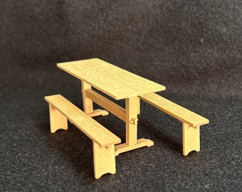 1/24 Scale Miniature Unfinished Table and Benches