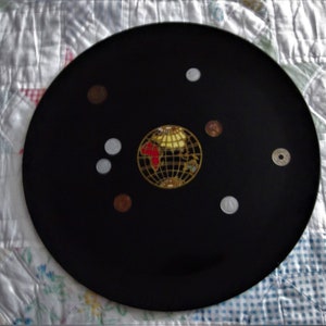 Vintage 1960s Black Couroc of Monterey California World Globe and Coins Inlaid Serving Platter 14 inches diameter
