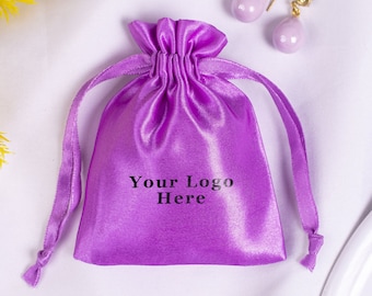 100 Purple Satin Drawstring Bag, Personalized Jewelry Pouch With Logo, Custom Favor Bag  (Purple, Free Shipping) Free Shipping