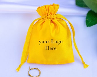 100 Drawstring Satin Jewelry Packaging Pouch, Wedding Favor Bags, Customizable Logo Gift Packaging Bag, Yellow Pouches