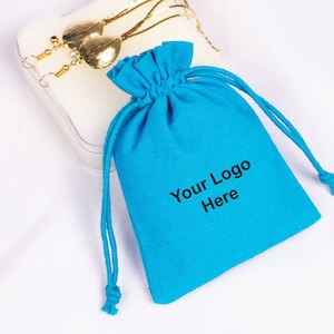 100 pochettes logo personnalisées avec cordon de serrage, cadeau de mariage personnalisé, emballage de bijoux pochette en coton écologique (livraison gratuite, couleur turquoise)