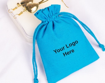 100 Custom Drawstring Logo Pouch, Personalized Wedding Favor, Jewelry Packaging Eco Friendly Cotton Pouch(Free Shipping, Turquoise Color)