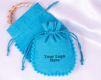 100 Drawstring Pouch With Logo Jewelry Packaging Bag, Custom Wedding Favor Bag, Turquoise Color Pouch