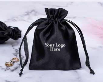 100 Custom Satin Drawstring Pouch with Logo - Elegant Jewelry and Gift Bag, Personalized Luxury Satin Bag, Merchandise Bag