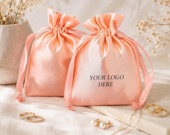 100 Peach Satin Drawstring Pouches, Small Jewelry Packaging Bags