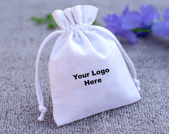 100 White Jewelry Bag Small Drawstring Bag With Logo, Dust Bag, Wedding Favor Bag, Custom Jewelry Package (Indian Cotton, Free Shipping)