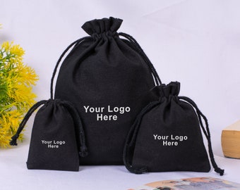 100 Black Cotton Drawstring Bags: Custom Logo Jewelry Pouches